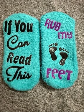 Turquoise Fuzzy Slipper Socks - "If You Can Read This / Rub My Feet"
